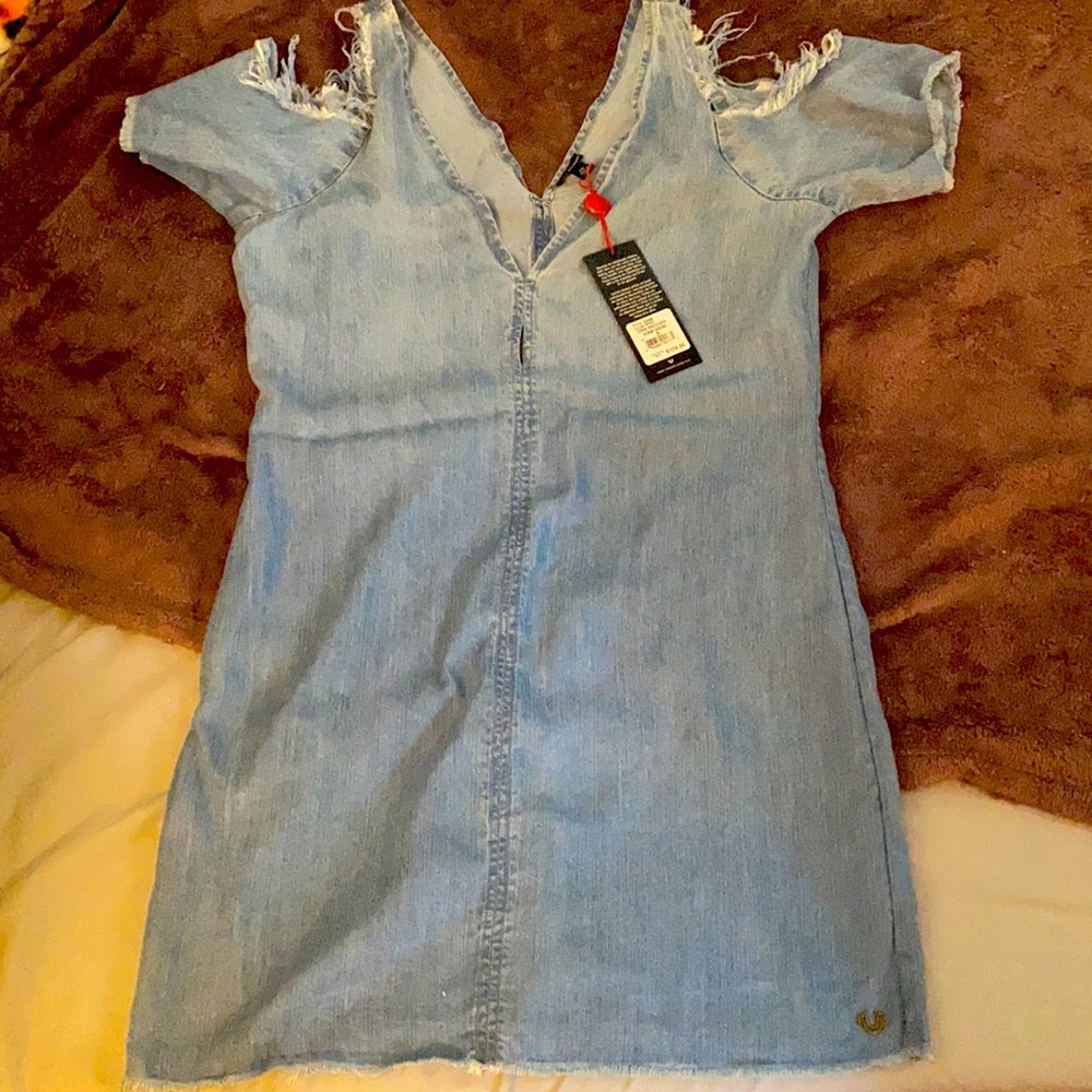 True Religion Mini jean denim dress slit sleeves
